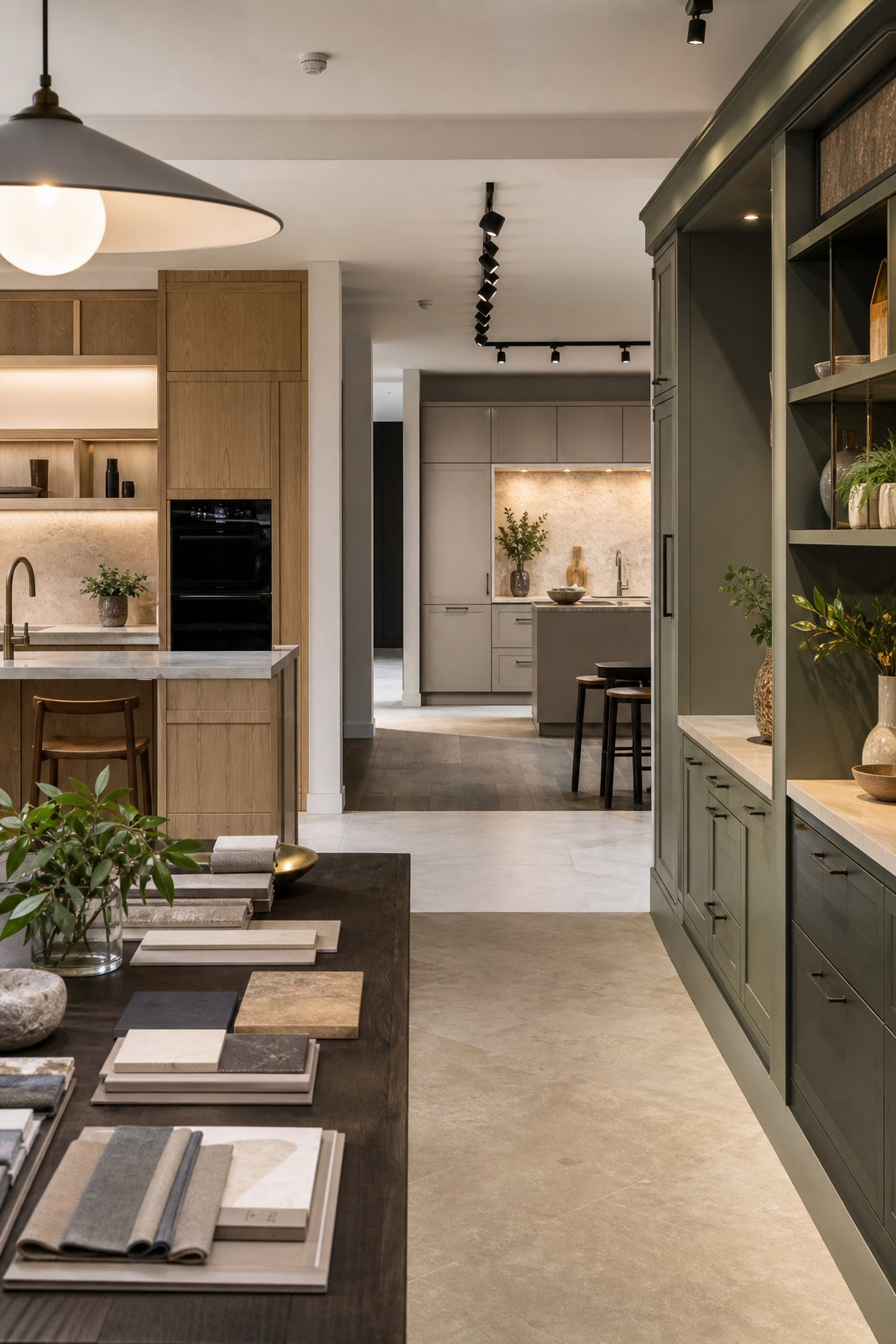 Contemporary kitchen displays and material samples in the Cardiff showroom